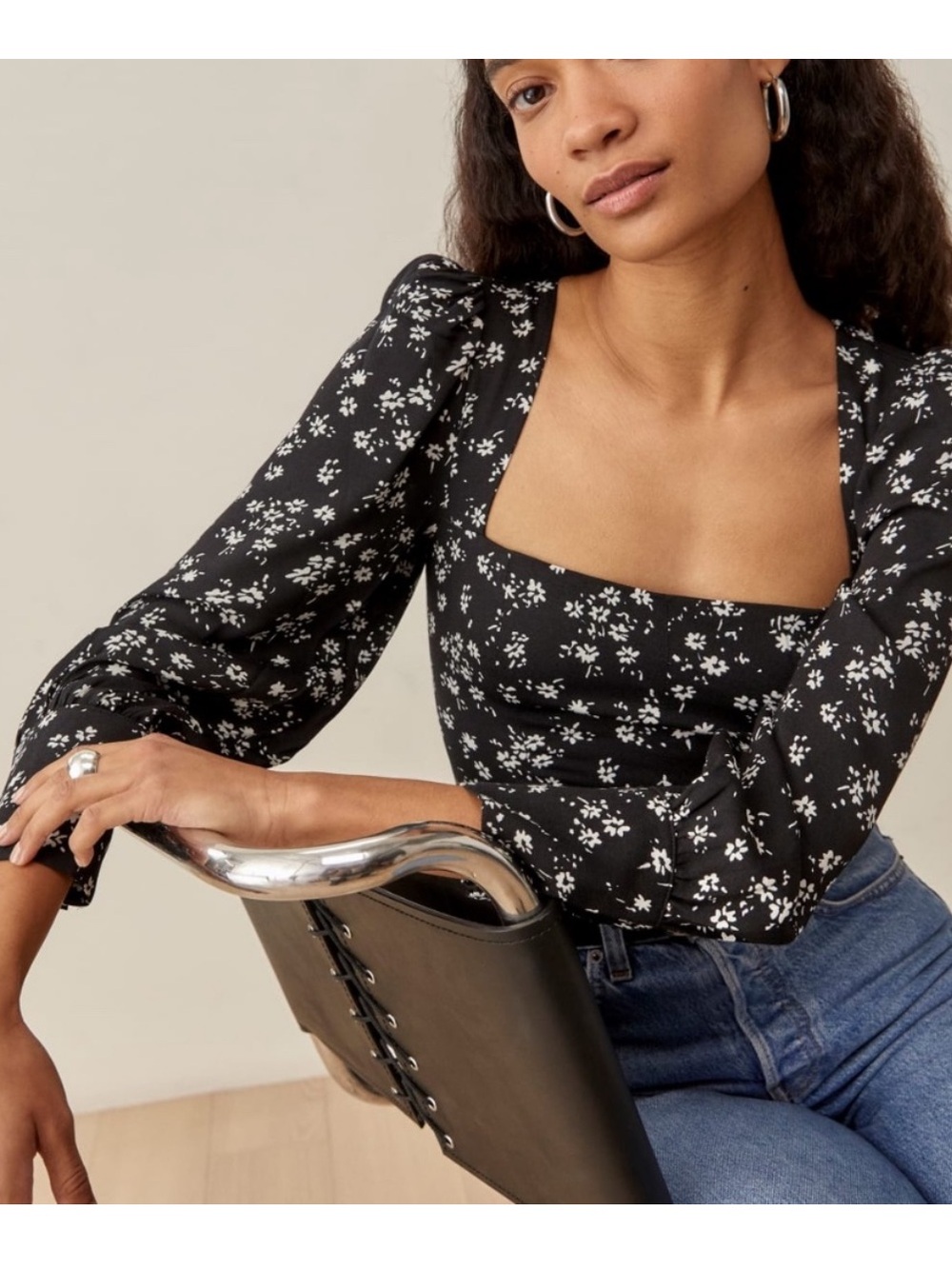 Reformation Black Floral Square-Neck Long Sleeve Top - Picture 2 of 9